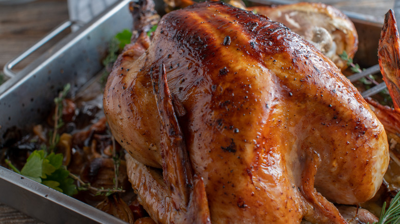 whole roast turkey in pan