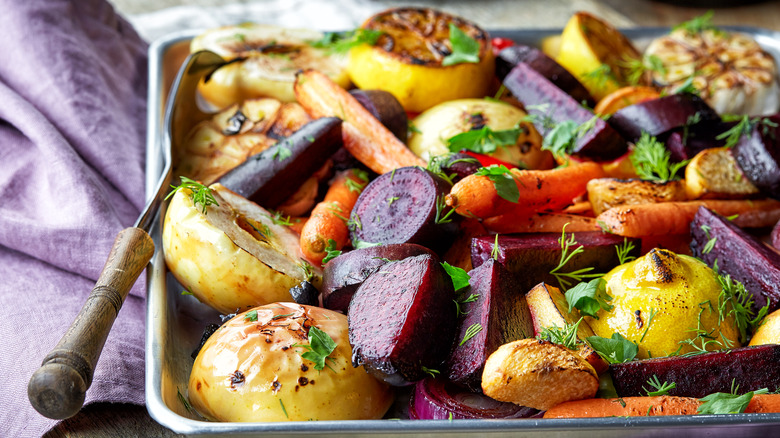 Roasted vegetables on a baking sheet