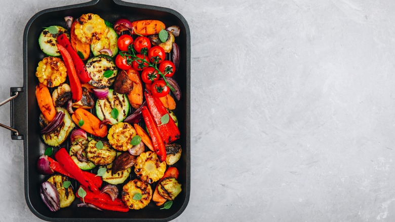 Roasted vegetables on a baking sheet