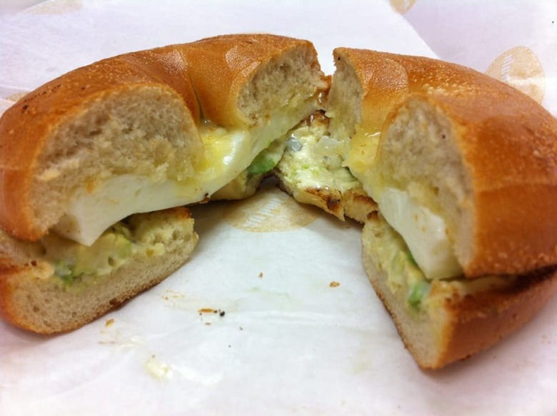 Au Bon Pain: Egg Whites, Cheddar, and Avocado on a Skinny Wheat Bagel