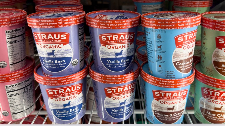 Pints of Straus Family Creamery ice cream in freezer