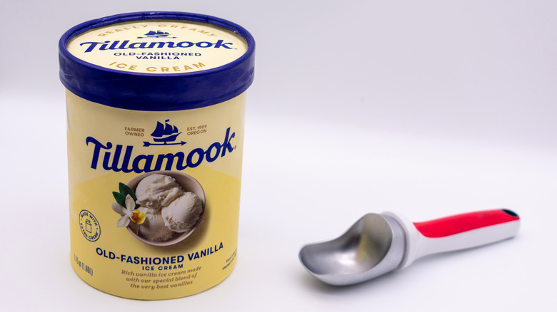 Tub of Tillamook vanilla ice cream with scoop