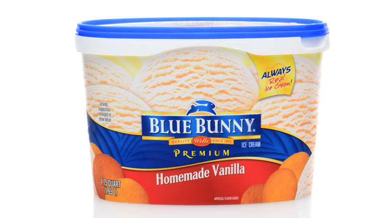 A tub of Blue Bunny vanilla ice cream