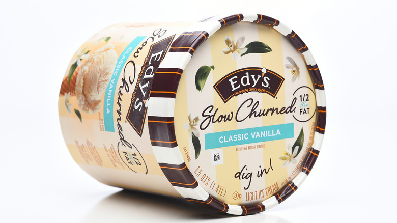 Tub of Edy's vanilla ice cream on its side