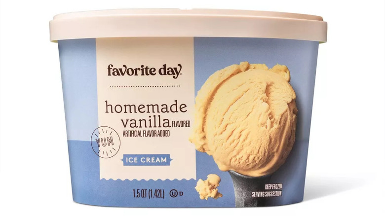 A tub of Favorite Day vanilla ice cream