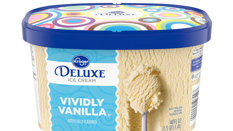 A tub of Kroger Deluxe vanilla ice cream