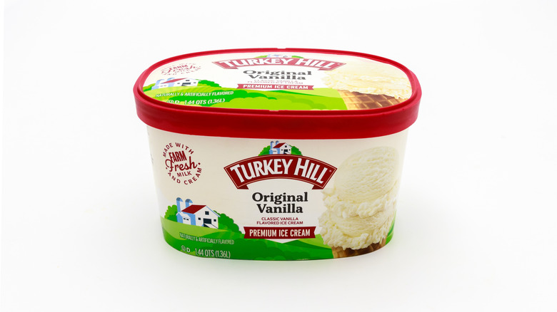 A tub of Turkey Hill Original Vanilla ice cream