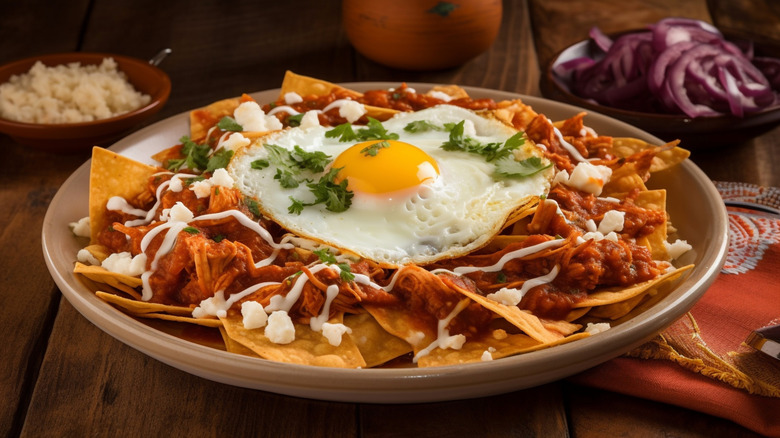 Crispy red chilaquiles topped with meat and an egg