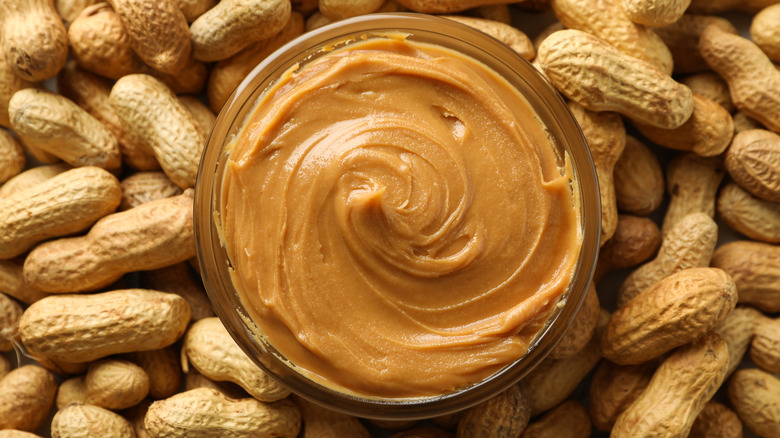 Cup of peanut butter on top of raw peanuts