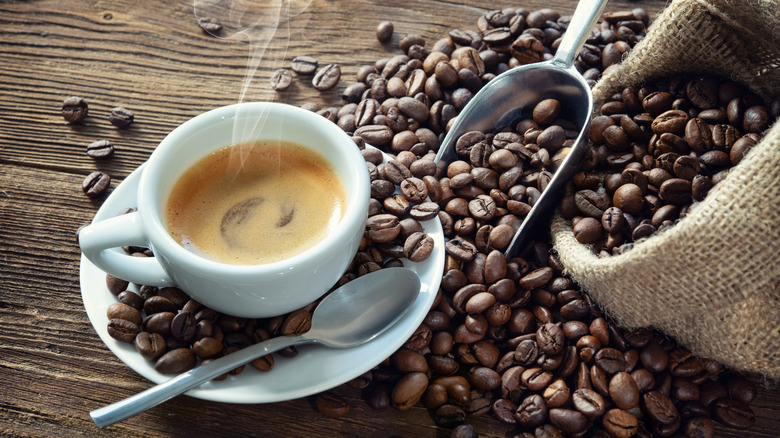 Steaming cup of coffee