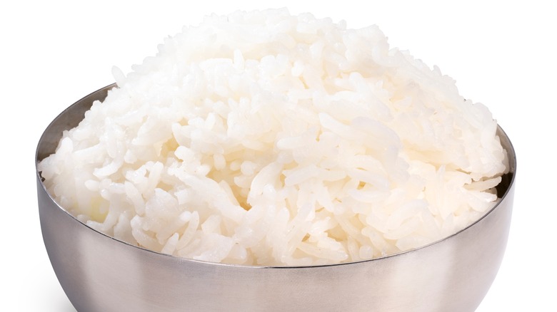 White rice in silver bowl 