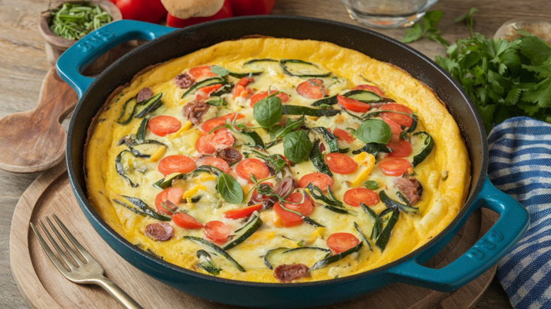 Cooked frittata with fillings in pan