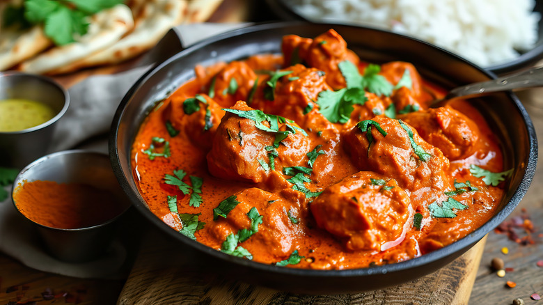 Butter chicken dish served in a traditional bowl with naan