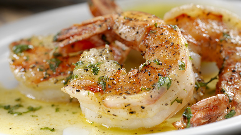colossal shrimp cooked in butter on a white plate