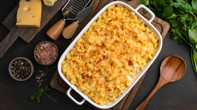 Homemade baked macaroni and cheese in a casserole dish