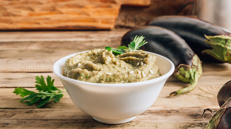 bowl of baba ganoush with eggplants