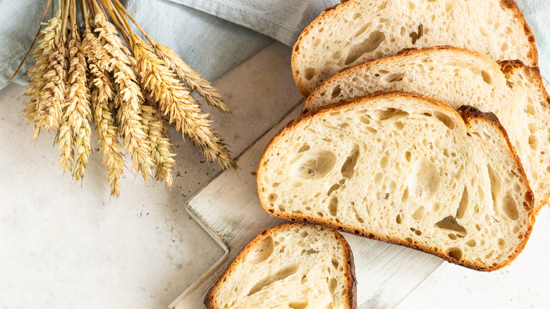 Sliced sourdough bread next to wheat