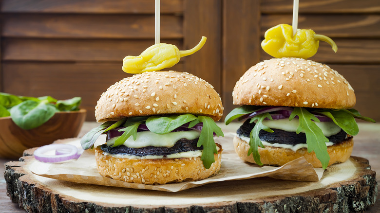 Portobello burgers topped with pepperoncini