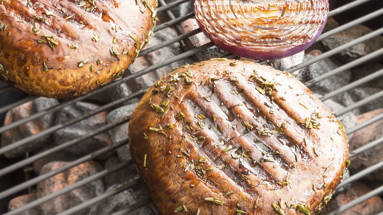 Portobello mushrooms on a grill