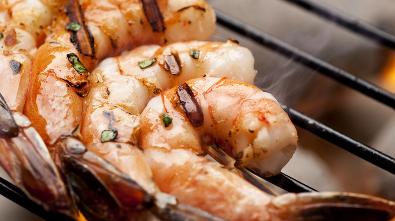 skewered shrimp on grill