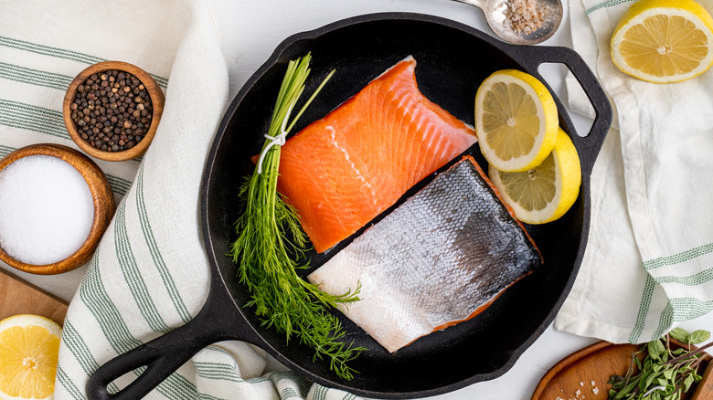 salmon filet in cast iron pan