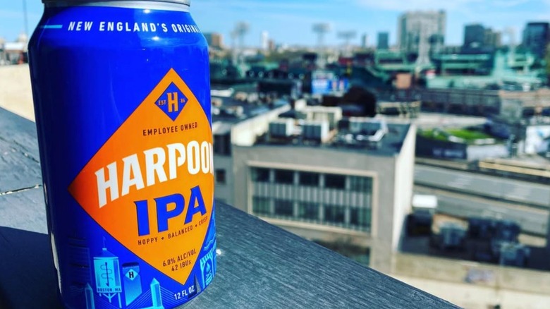 can of harpoon ipa on balcony overlooking city