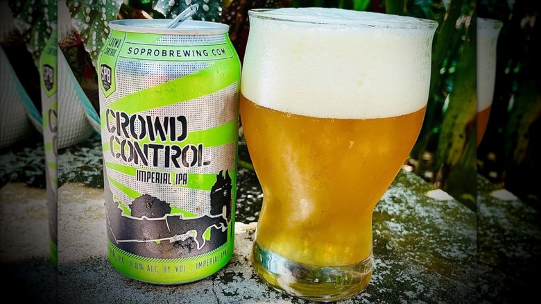 Can and glass of crowd control ipa outside