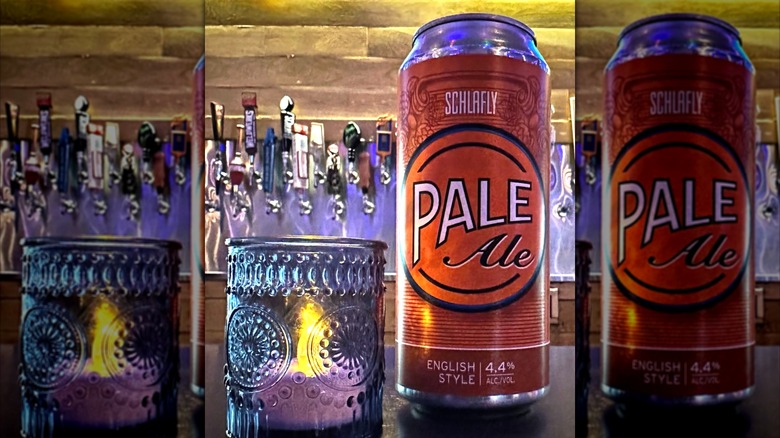 can of Schlafly beer pale ale next to candle on bar