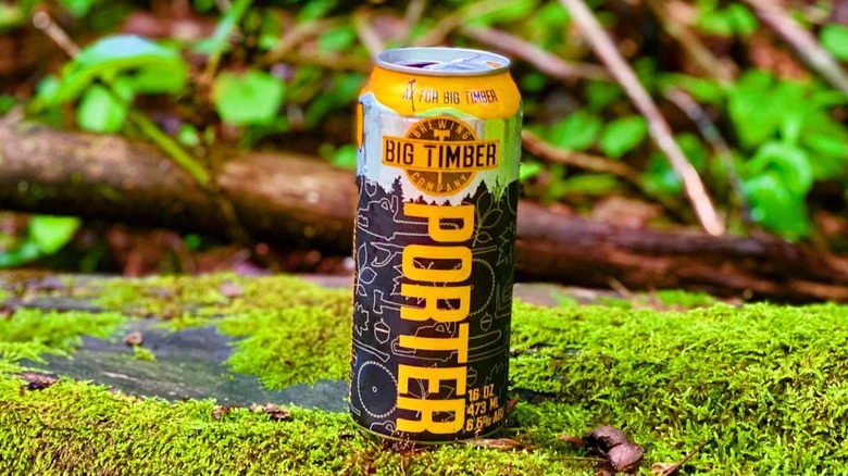 can of beer on mossy surface in woods