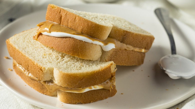 Cut Fluffernutter sandwich on plate