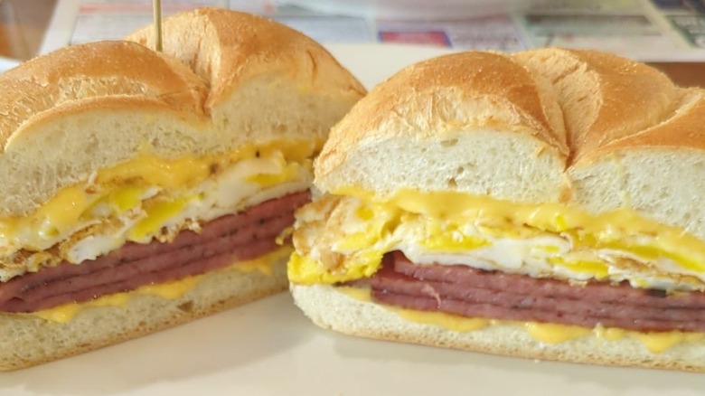 Taylor ham, egg, and cheese on a roll