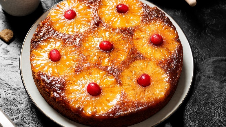 Top view of pineapple upside-down cake