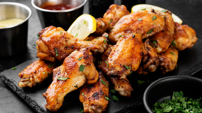 Sauced chicken wings herbs stone platter
