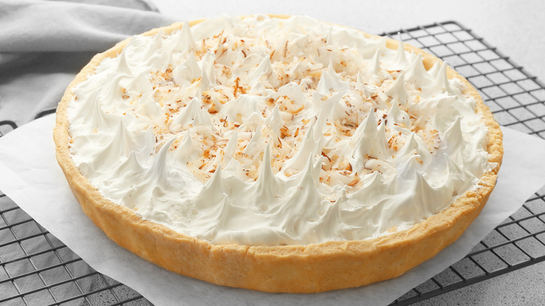 coconut cream pie on rack