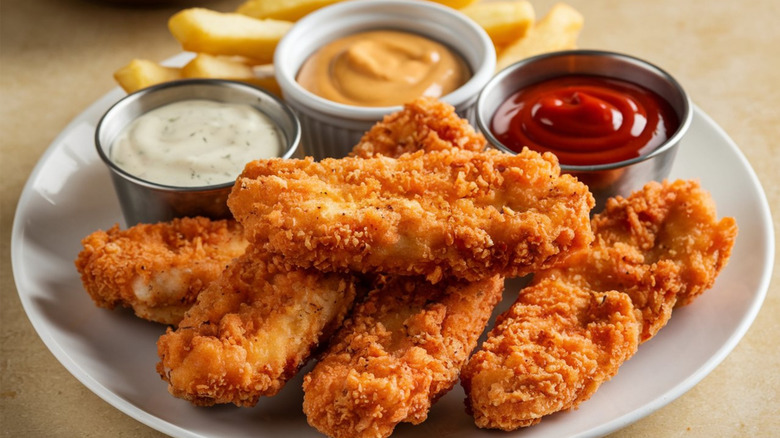 Plate of chicken tenders with french fries and three dipping sauces