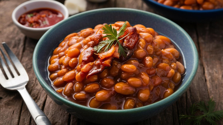 slow cooker baked beans in a bowl on a rustic table