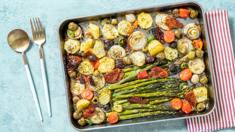 Baking tray of roasted veggies