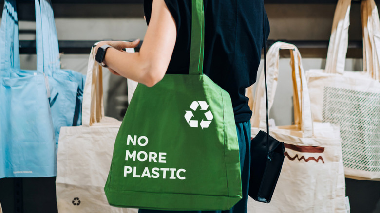 Person using a reusable shopping bag