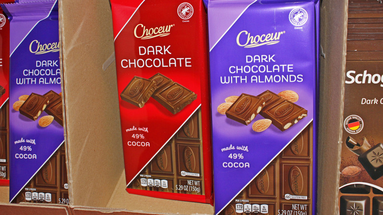 Several Aldi Choceur chocolate bars together on a shelf