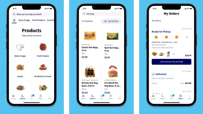 Phone screens showing parts of the Aldi phone app