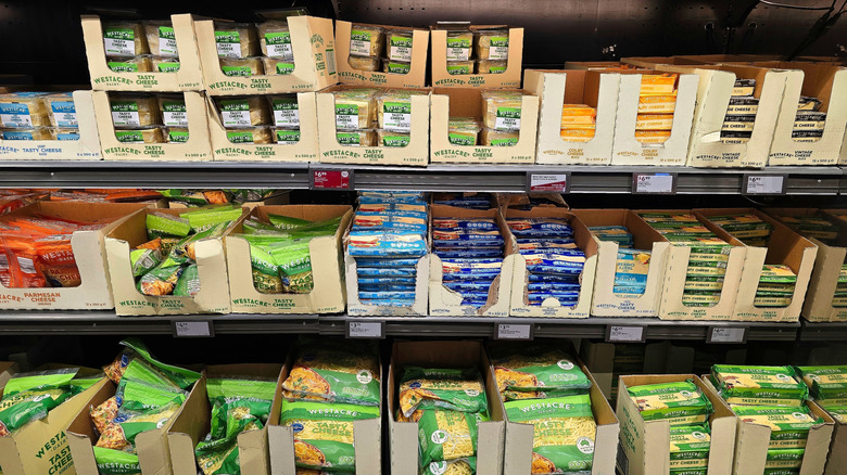 Various cheeses on a shelf at Aldi