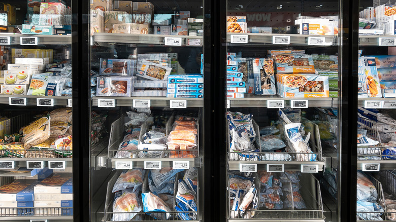 Seafood and frozen foods on shelves at an Aldi supermarket