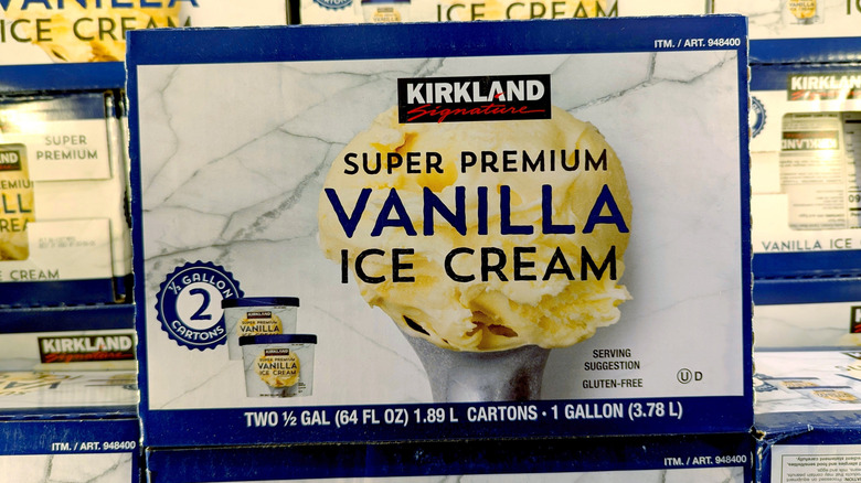 Close up of package of Kirkland Signature Super Premium Vanilla Ice Cream