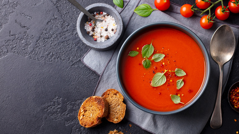 Gazpacho with bread and spoon