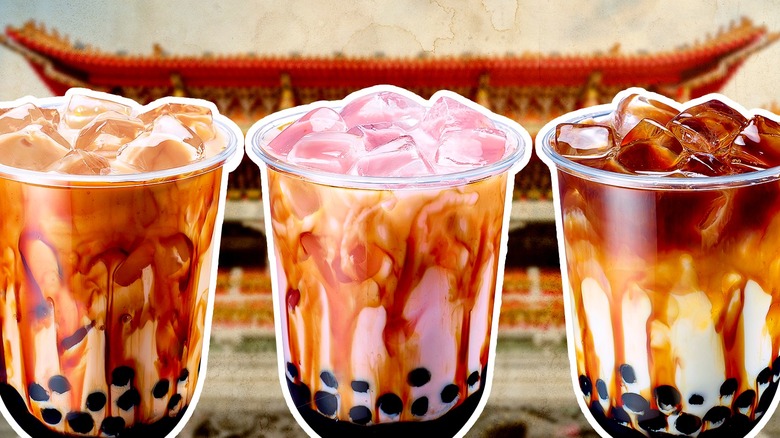 3 boba teas in front of temple