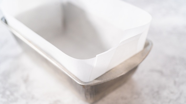 loaf pan lined with parchment paper