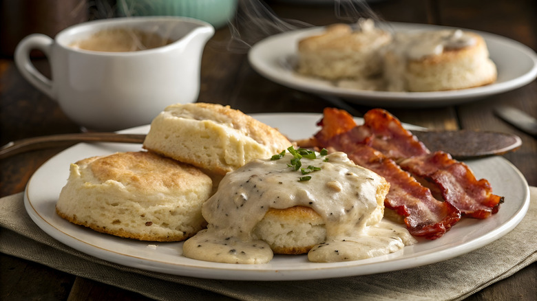 A plate of sausage gravy on biscuits with bacon in a breakfast spread