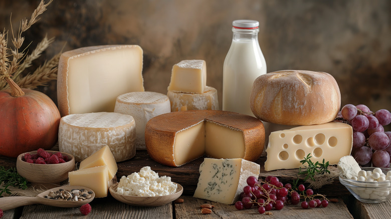 Variety of cheeses on rustic background