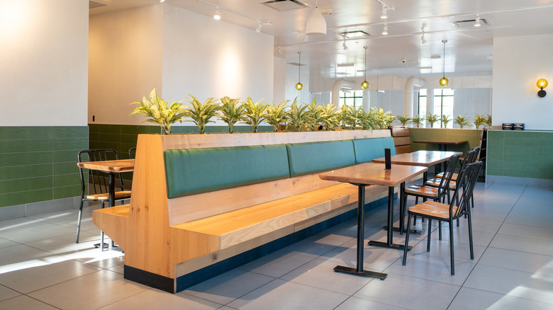 The sleek and modern interior of a Shake Shack fast casual restaurant without signage