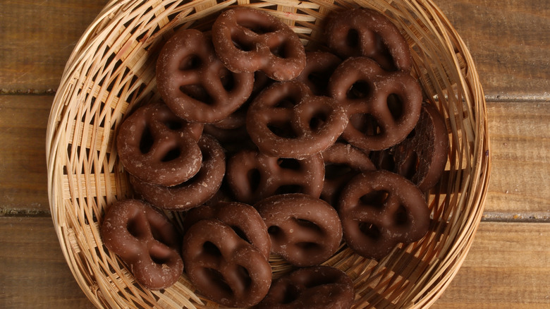 Basket of dark chocolate covered pretzels